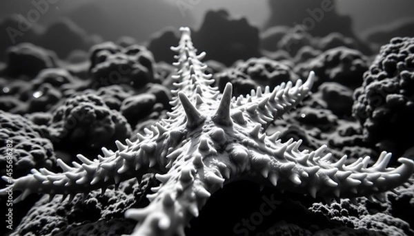 Obraz a black and white abstract close up of a crown of thorns seastar (starfish) underwater in hawaii
