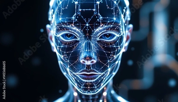 Obraz a 3d rendered human face composed entirely of luminous lines, glowing with soft whites and blues