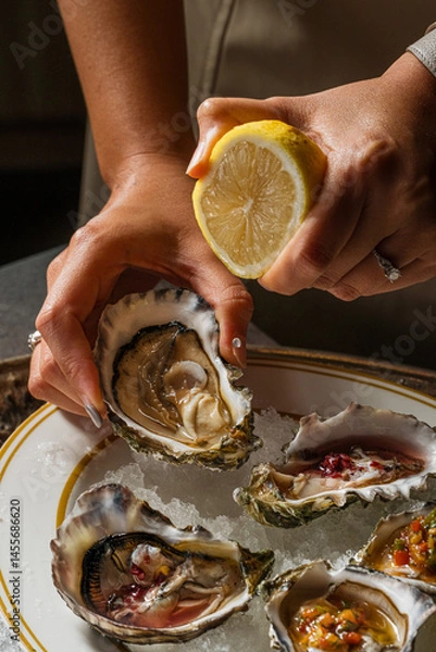 Fototapeta Fresh Oysters with Lemon A Culinary Still Life