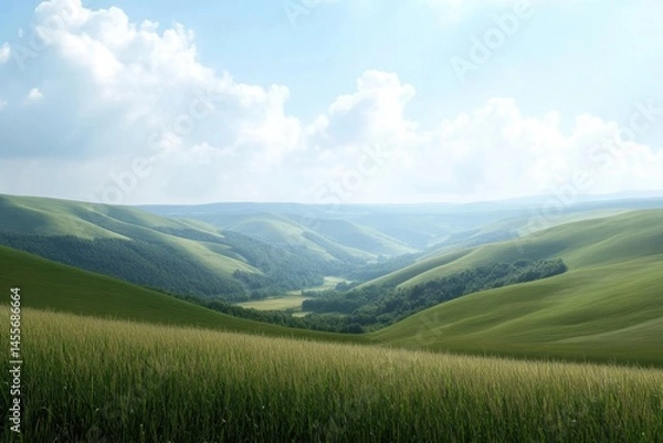 Fototapeta Rolling Hills and Meadow Landscape on a Sunny Day with Blue Sky and Fluffy Clouds