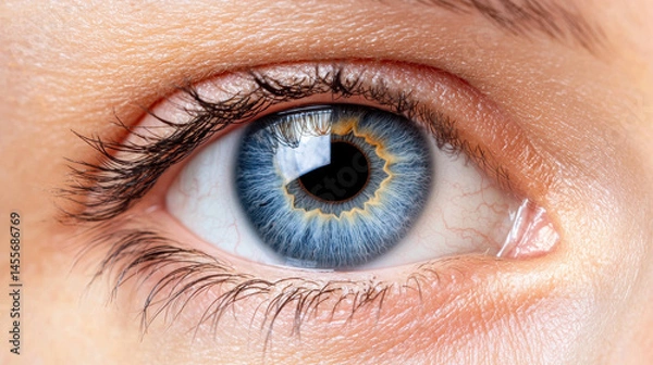 Obraz Blue eye closeup with detailed iris and eyelashes showing natural skin texture and eye contact