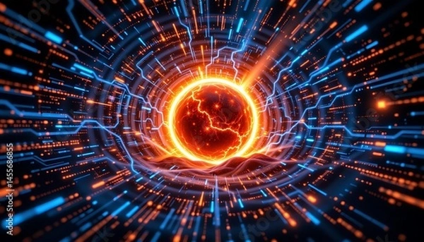 Obraz a glowing orb emitting fiery light at the center of a sci fi scene, surrounded by swirling digital patterns