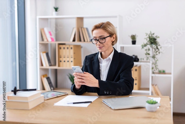 Obraz Businesswoman wearing glasses working at office desk using smartphone surrounded by work tools. Bright modern environment with organized shelves in background creating professional atmosphere.
