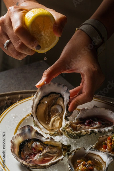 Fototapeta Fresh Oysters A Culinary Still Life with Lemon
