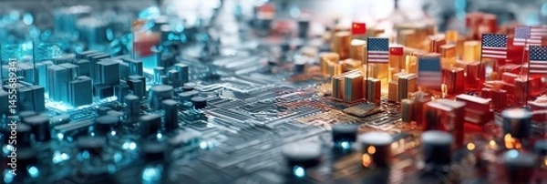 Fototapeta Hyperrealistic 3D Render Depicting a US and China Chip Clash on a Futuristic Digital Battlefield With Vibrant Colors and Intricate Designs Generative AI