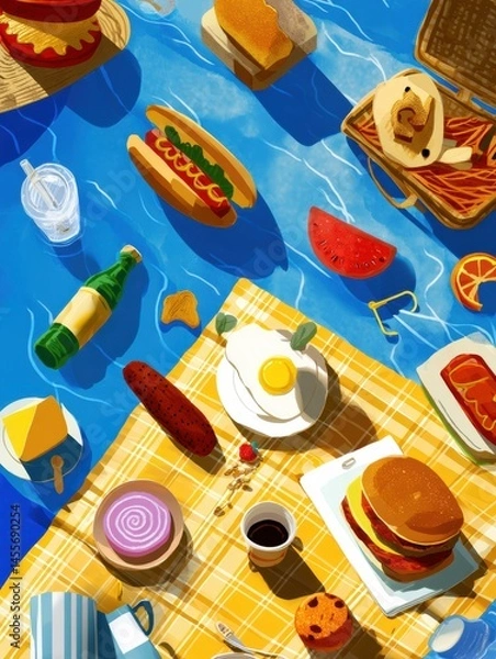 Fototapeta Floating Food Items Above a Colorful Picnic Blanket Under a Bright Sky in a Cheerful Outdoor Setting Generative AI
