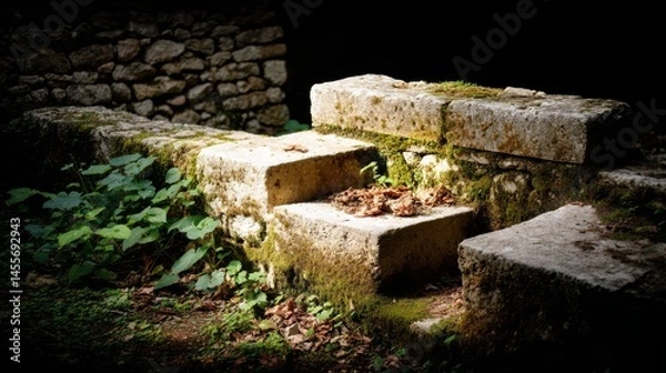 Fototapeta A shadowy crypt features moss-covered stone walls and faint torchlight, evoking a haunted feeling in this chilling and eerie environment