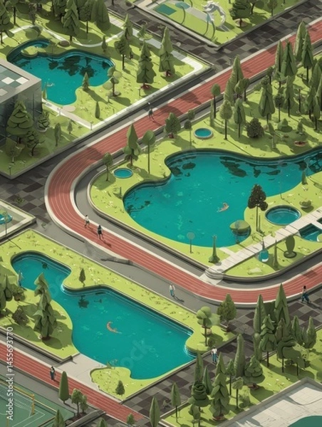 Fototapeta Urban Park Featuring Jogging Tracks Surrounded by Small Lakes and Lush Greenery During a Sunny Day Generative AI