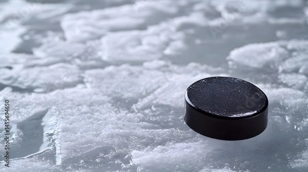 Obraz A black hockey puck sits on a textured ice surface