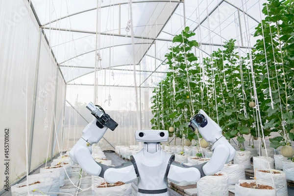 Fototapeta Agricultural industry with artificial intelligence robots concept