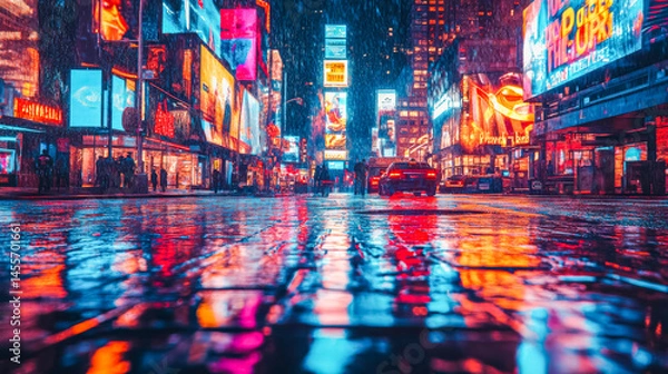 Fototapeta Vibrant futuristic city street at night with neon lights and reflective wet pavement