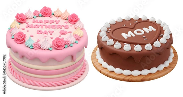 Fototapeta 3d pink cake with roses and Happy Mother's Day words and chocolate cake with the word MOM in a heart and white frosting swirls isolated on transparent background, PNG file add
