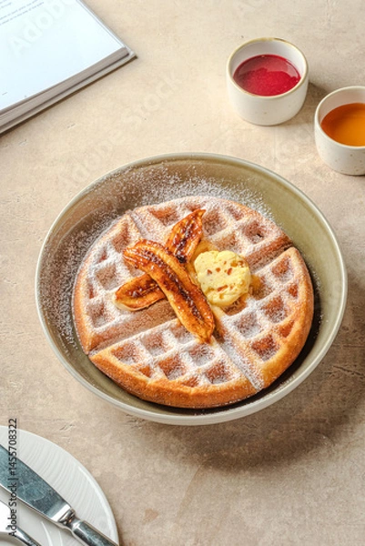 Fototapeta Golden Waffles Caramelized Bananas Butter and Powdered Sugar