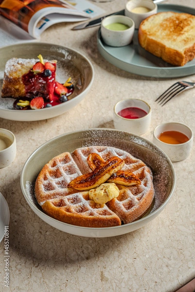 Fototapeta Golden Waffles with Caramelized Bananas A Delicious Breakfast Scene