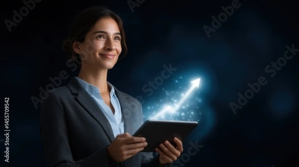 Fototapeta A woman is holding a tablet and smiling
