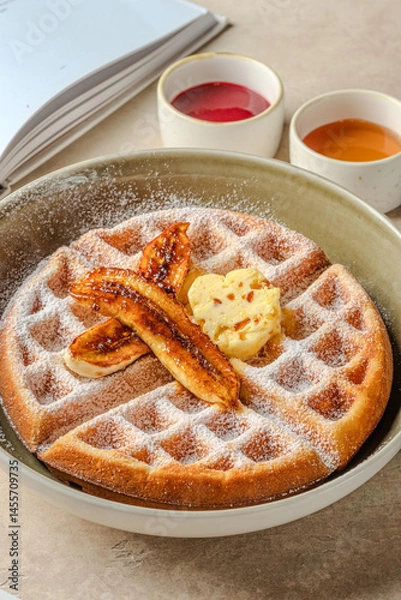 Fototapeta Golden Waffles Caramelized Bananas Butter Powdered Sugar