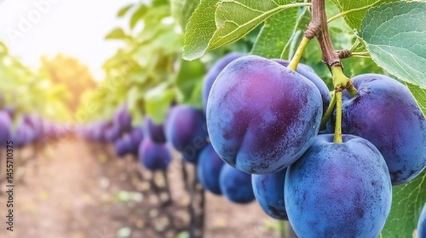 Obraz Plums hanging on branches in orchard