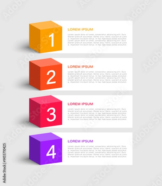 Obraz 3D infographic template with four steps or options. Multicolored cubes with numbers and space for data