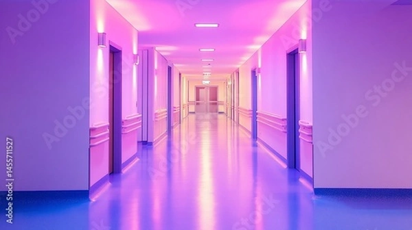 Obraz Empty hospital corridor bathed in vibrant pink and purple light.  Modern, sleek design