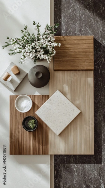 Obraz Modern flat lay of interior design materials, featuring wood, ceramic tile, marble, and decorative greenery, creating calm and natural aesthetic for home inspiration
