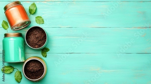 Fototapeta Three tin cans filled with soil placed on a blue wooden background for soil composition study