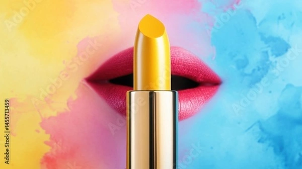 Fototapeta Bright yellow lipstick placed on a red makeup palette with a vibrant color contrast and detailed texture