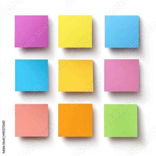 Fototapeta Colorful sticky notes in various colors arranged on a white background for organization and note-taking purposes