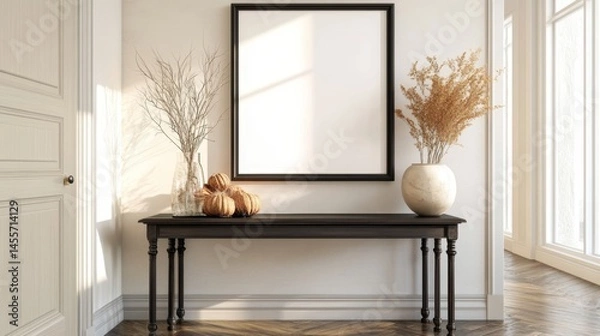 Fototapeta Elegant Entryway With Autumn Decor Featuring a Wooden Table, Framed Artwork, and Seasonal Touches in a Bright, Welcoming Space