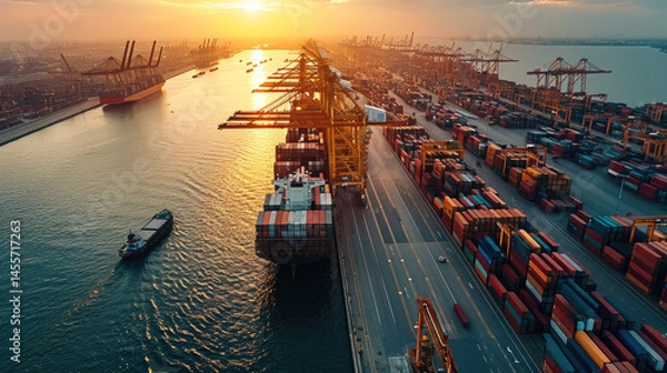Obraz Aerial view seaport shipping container cargo ship industrial port sunset transportation logistics water dock. Busy seaport sunset with cargo ships containers and cranes highlighting global trade
