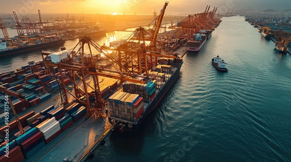 Obraz Aerial view container port at sunset, industrial shipping dock with cargo ship, crane, and containers, busy harbor, logistic and transportation hub, vibrant atmosphere