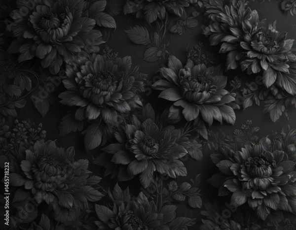 Fototapeta Deep black wallpaper, lavish charcoal floral pattern  Intricate botanical details , botanical, home