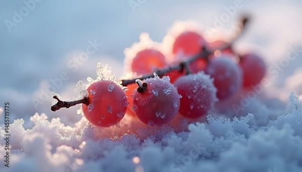 Fototapeta High-resolution stock photo of a cluster of frozen grapes, each individual grape glistening with intricate, delicate ice crystals that refract soft, warm light, shot in an extreme macro view, 