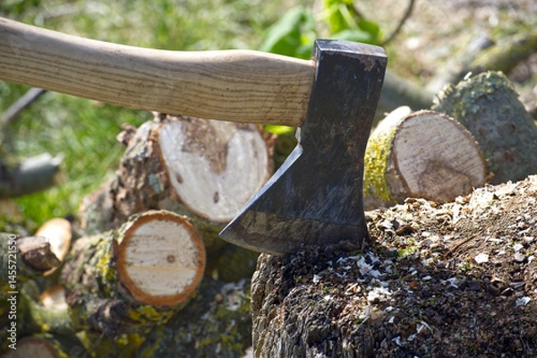 Fototapeta Close-up shot shows an axe embedded in a tree stump with cut logs in the background.