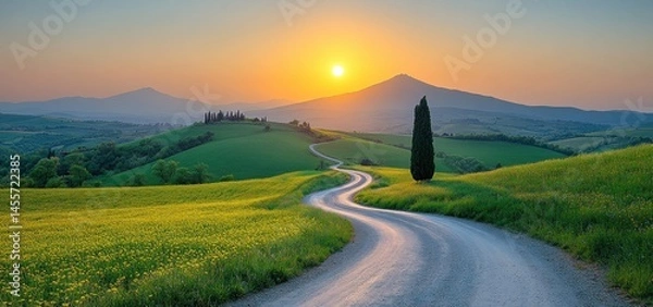 Obraz Tuscan Sunset: Serene Countryside Road at Golden Hour