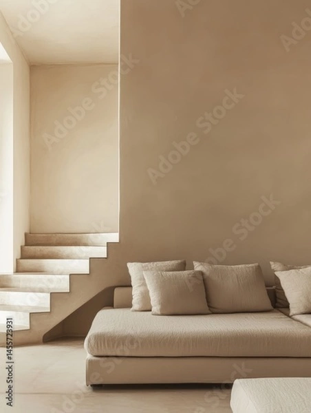 Fototapeta Modern Minimalist Interior Design Featuring Natural Materials, Neutral Tones, and an Inviting Atmosphere in a Spacious Room With Unique Decor