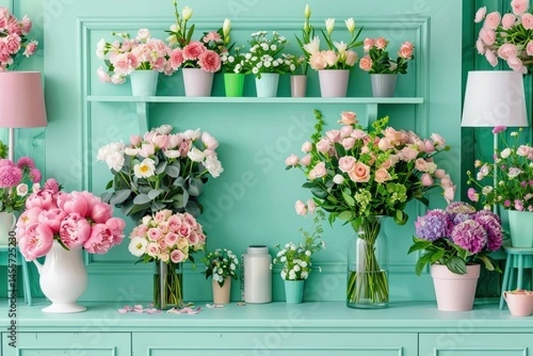 Fototapeta Charming Flower Shop Display with Vibrant Bouquets in Elegant Vases and Lush Greenery Creating a Serene Floral Atmosphere for Nature Lovers and Floral Enthusiasts