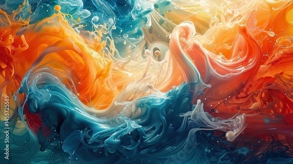 Fototapeta Vibrant abstract fluid art with swirling colors of orange, blue, and white creating a dynamic visual experience, showcasing creativity and artistic expression concept
