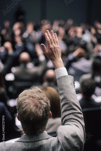 Fototapeta A man in the audience holds up his hand to ask a question during a conference or meeting.
