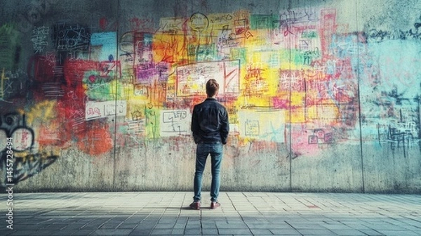 Fototapeta Vivid graffiti wall with diverse messages and colors, evoking creative expression and social critique in an urban setting.