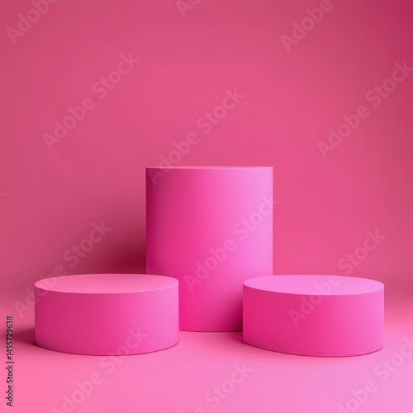Fototapeta Three Pink Cylinders on a Pink Background for Product Presentation and Display in a Studio Setting