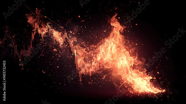 Fototapeta Abstract stock chart engulfed in flames with glitch effects and steep downward trend symbolizing financial crisis and instability
