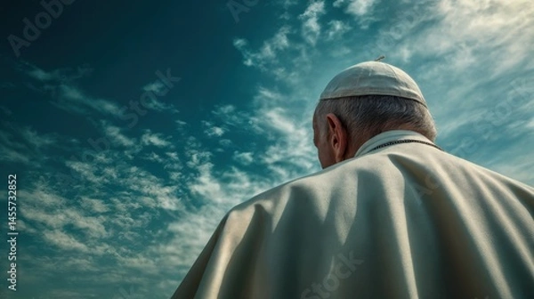 Fototapeta Back View of Pope in Traditional White Robe Under Dramatic Sky with Clouds, Symbolizing Faith, Spiritual Leadership, Conclave and Religious Reflection, Inspiring Scene Conveying Serenity and Devotion