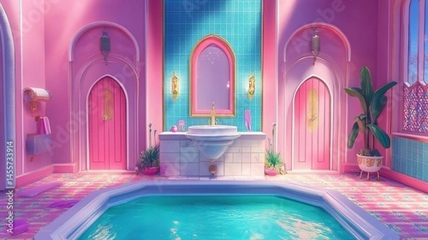 Obraz Immersive interior scene with a blend of art deco and moroccan elements featuring a vibrant palette and pool providing a serene ambiance