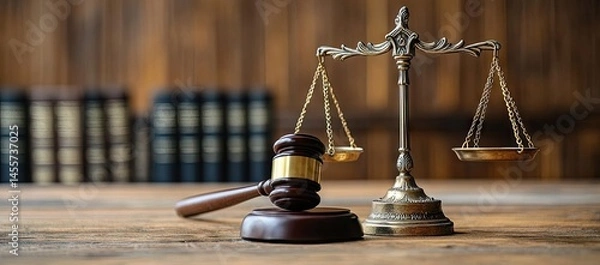 Fototapeta Wooden table with justice scale and gavel.