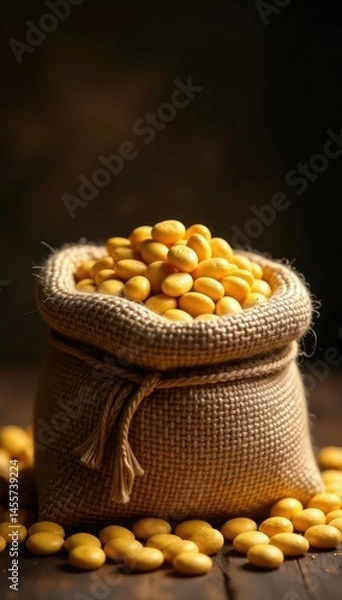 Fototapeta A burlap sack overflowing with gleaming gold beans , fabric, wealth