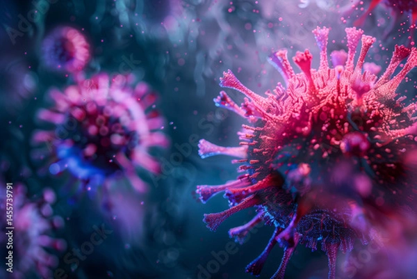 Fototapeta Microscopic view, bacteria, microflora or virus cells in a scientific laboratory. Round purple virus with antennae similar to a coronavirus, blue background. Concept of virology, medicine.