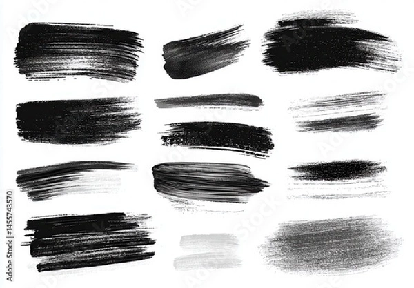 Fototapeta Various black brush strokes on a white background showcasing artistic textures and styles