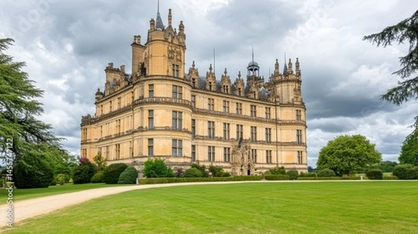 Fototapeta Architectural heritage of chateau jallanges in france with green lawn under a dynamic sky bringing historical charm and destination appeal