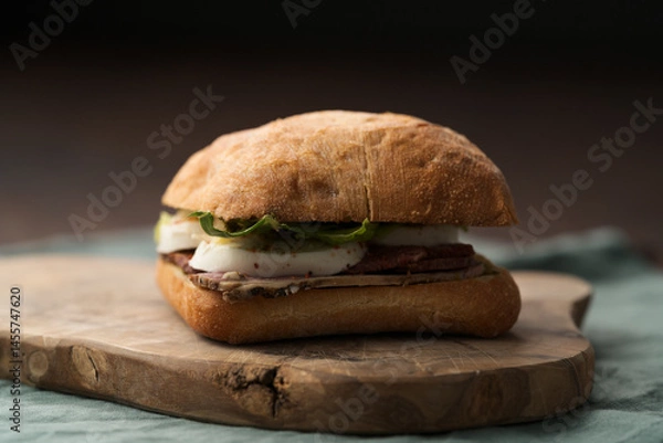 Obraz Roast beef and mozzarella sandwich with ciabatta bun on olive board