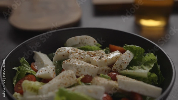 Obraz salad with mozzarella and tomatoes in black bowl and apple cider in glass on concrete countertop